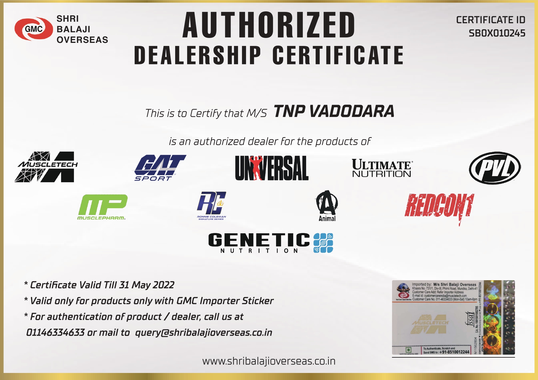 Shri Balaji Overseas Authorized Dealer Certificate